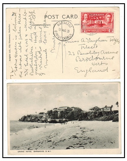 BARBADOS - 1939 1d rate postcard use to UK used at CHRIST CHURCH.