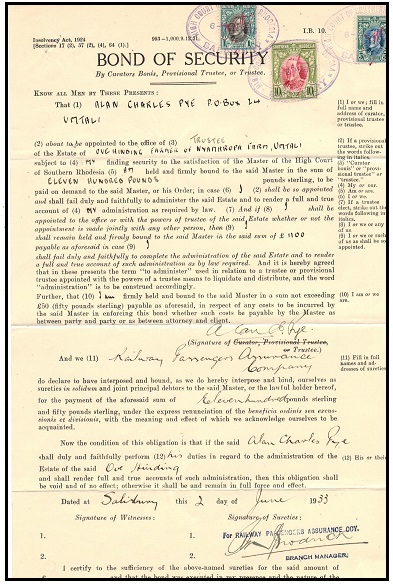 SOUTHERN RHODESIA - 1933 use of BOND OF SECURITY document bearing 1/- + 5/- alongside 10/- REVENUE.