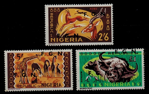 NIGERIA - 1965 2/6d, 5/- amd 1 U/M overprinted F.G.N. twice.