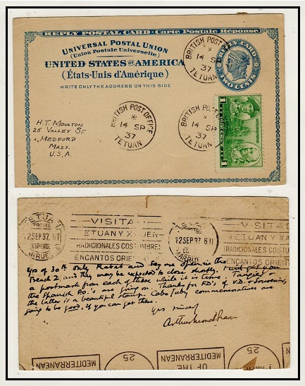 MOROCCO AGENCIES - 1937 use of uprated US 2c blue PSRC to USA used at TETUAN.