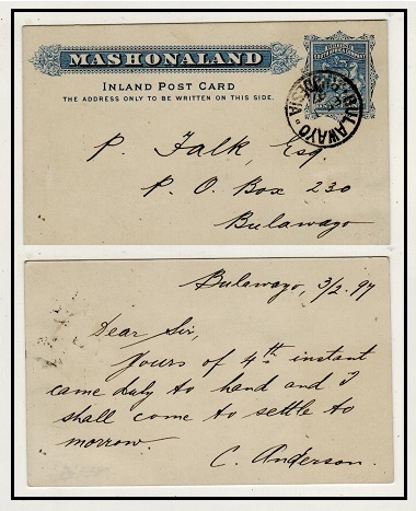 RHODESIA - 1893 1d blue PSC of Mashonaland used at BULAWAYO/RHODESIA.  H&G 5.