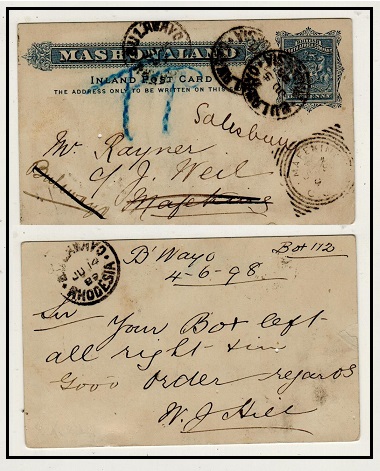 RHODESIA - 1893 1d blue PSC of Mashonaland used at BULAWAYO/RHODESIA.  H&G 5.