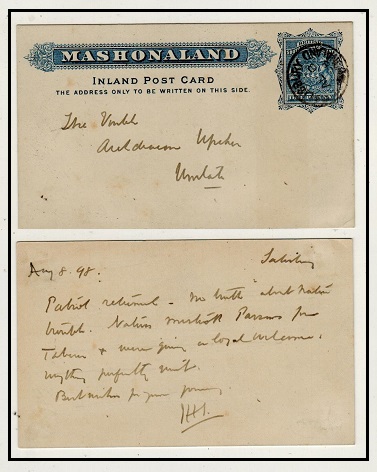 RHODESIA - 1893 1d blue PSC of Mashonaland used at SALISBURY/MASHONALAND.  H&G 5.