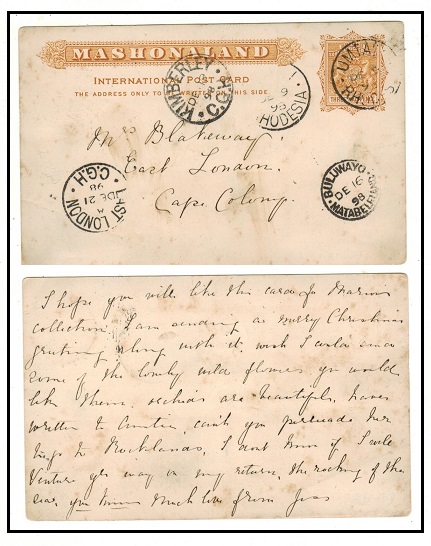 RHODESIA - 1893 1 1/2d brown yellow PSC of Mashonaland used at UMTALI.  H&G 6.