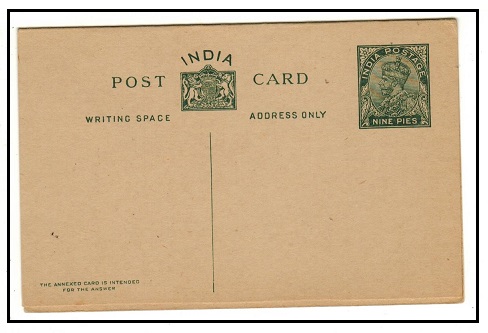 INDIA - 1936 9p+9p green PSRC unused.  H&G 39.