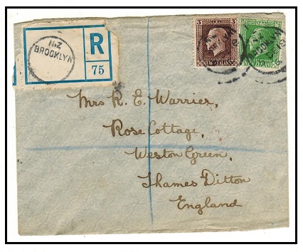 NEW ZEALAND - 1918 3 1/2d registered cover to UK used at BROOKLYN.