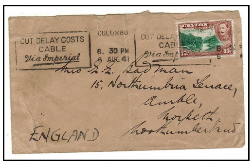 CEYLON - 1941 15c rate cover to UK with 