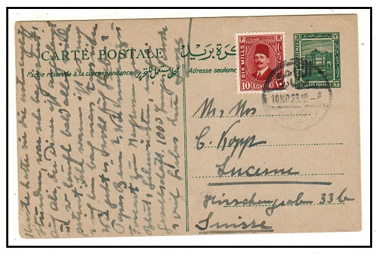 EGYPT - 1931 3c dark green PSC uprated to Switzerland.  H&G 31.