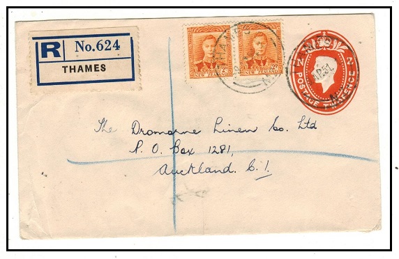 NEW ZEALAND - 1941 2d orange uprated registered PSE used at THAMES.  