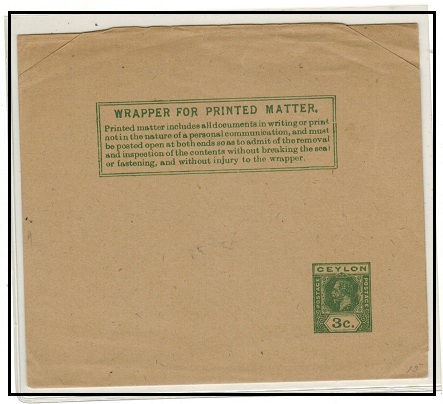 CEYLON - 1921 3c green postal stationery wrapper unused.  H&G 15.