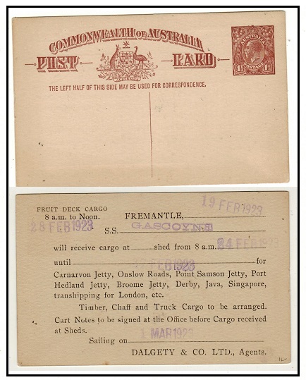 AUSTRALIA - 1930 1 1/2d red-brown PSC unused with pre-printed FRUIT DECK CARGO reverse.  H&G 28.