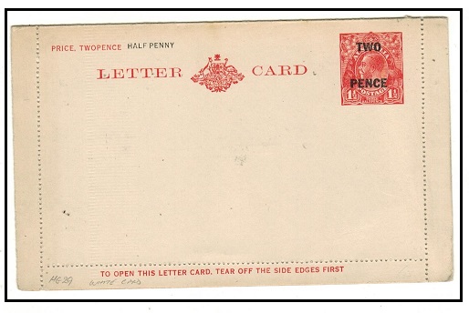 AUSTRALIA - 1930 TWO PENCE on 1 1/2d red postal stationery letter card unused.  H&G 29.