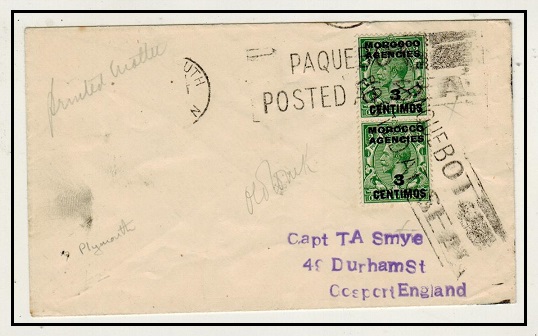 MOROCCO AGENCIES - 1930 (circa) 3c on 1/2d (x2)cover to UK struck PAQUEBOT/POSTED ON SEA.