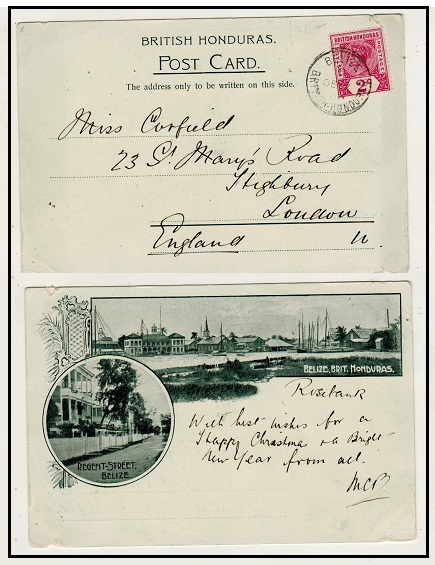 BRITISH HONDURAS - 1900 2c rate postcard use to UK.
A rare early use.