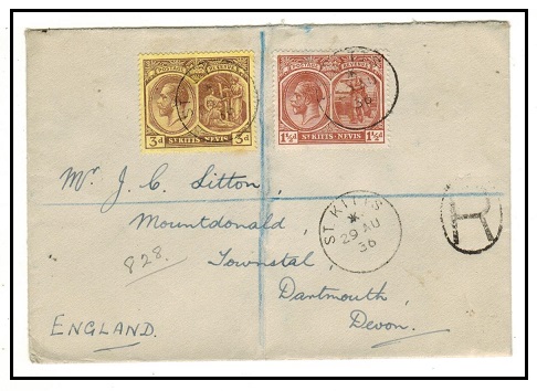 ST.KITTS - 1936 4 1/2d registered cover to UK.