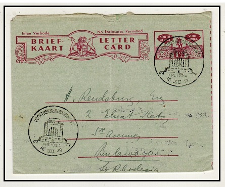 SOUTH AFRICA - 1948 1 1/2d plum letter card
 to Bulawayo used at VOORTREKKEPMONUMENT/PRETORIA.