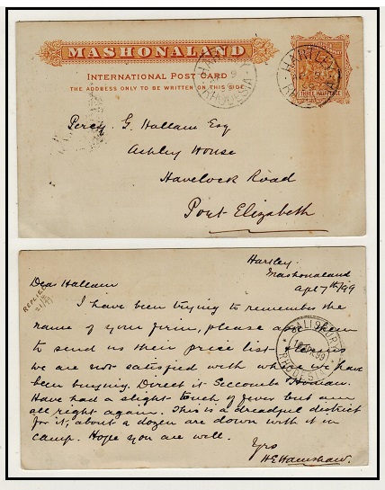 RHODESIA - 1893 1 1/2d brown-yellow PSC to Port Elizabeth used at HARTLEY.  H&G 6.