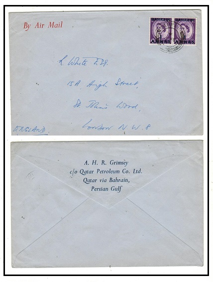 BR.P.O.IN E.A. (Qatar) - 1954 (circa) cover to UK cancelled at Bahrain.