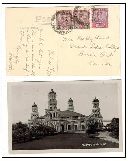 MALAYA - 1934 6c rate postcard use to Canada used at JOHORE BAHRU 3.