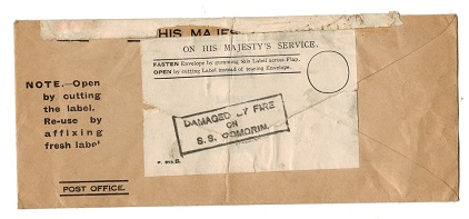 AUSTRALIA - 1930 re-use of OHMS envelope struck DAMAGED BY FIRE/S.S.COMORIN.