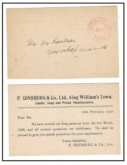 SOUTH AFRICA - 1930 commercial postcard use to SWA struck KINGSWILLIAM TOWN/PAID in red.