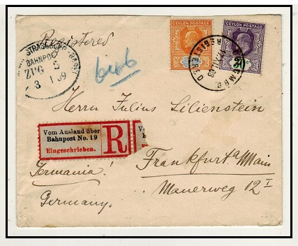 CEYLON - 1908 34c rate registered cover to Germany used at COLOMBO through the German mail system.