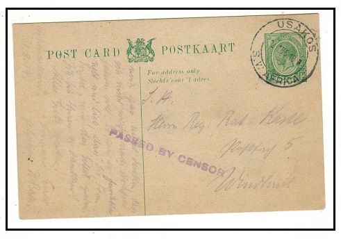 SOUTH WEST AFRICA - 1919 1/2d green PSC of South Africa censored at USAKOS.  H&G 4.