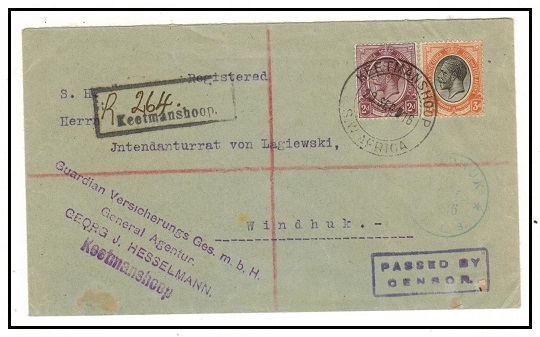 SOUTH WEST AFRICA - 1916 South African 2d+3d rated censored cover used at KEETMANSHOOP.