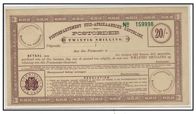 TRANSVAAL - 1900 20/- brown on cream unused POSTAL ORDER.