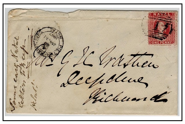 NATAL - 1867 1d rate local cover used at PIETERMARITZBURG.