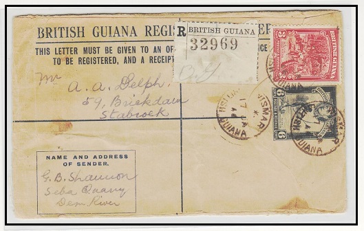 BRITISH GUIANA - 1939 6c blue uprated RPSE used at WISMAR.  H&G 12.