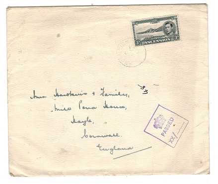 ASCENSION - 1943 censored cover to UK with boxed PASSED/XX/... h/s in violet.