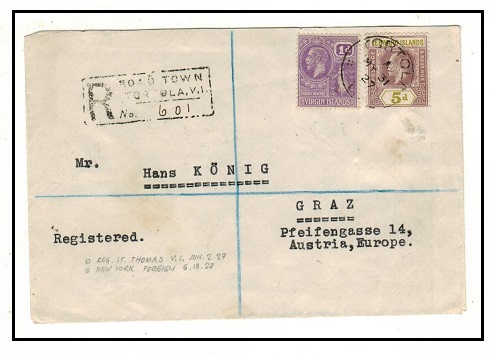 BRITISH VIRGIN ISLANDS - 1927 6d rate combination registered cover to Austria used at TORTOLA.