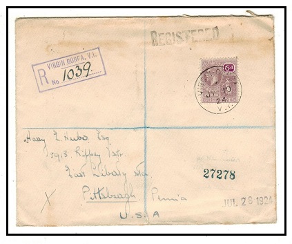 BRITISH VIRGIN ISLANDS - 1924 6d rate registered cover to USA used at VIRGIN GORDA.
