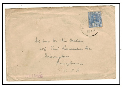 SARAWAK - 1930 12c rate cover to USA used at KUCHING.