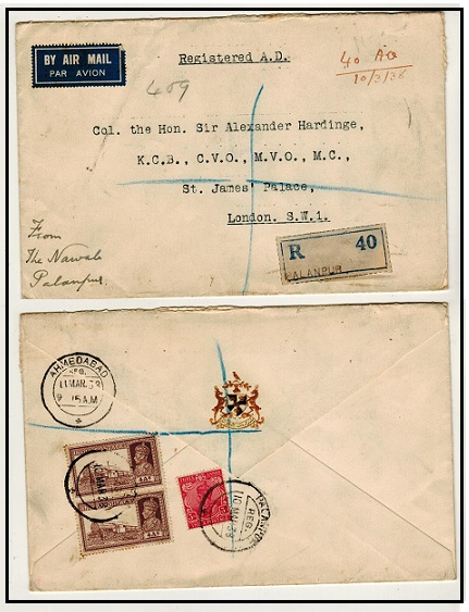 BAHAWALPUR - 1938 crested palace registered cover to UK used at PALANPUR sent by the Nawab.
