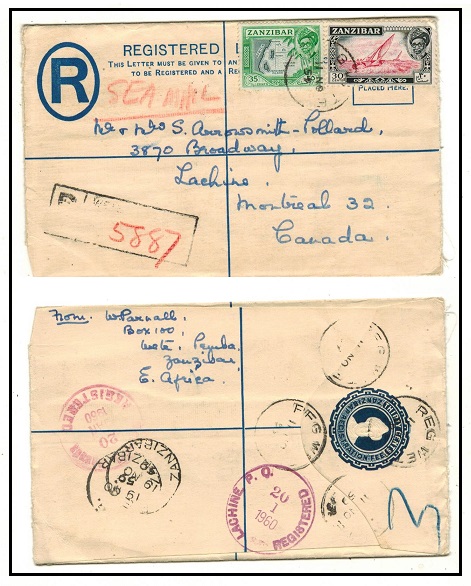 ZANZIBAR - 1936 30c dark blue RPSE to Canada uprated at WETE.  H&G 11.