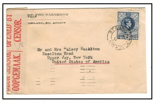 SWAZILAND - 1941 3d rate censored cover to USA used at STEGI.