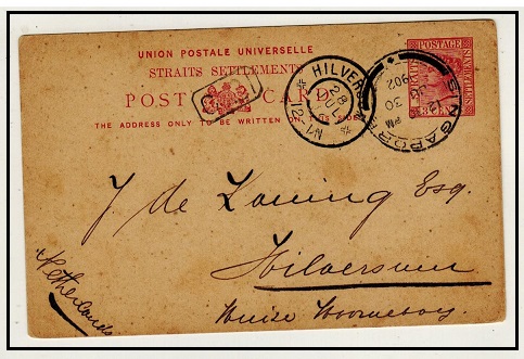 SINGAPORE - 1893 3c carmine Straits Settlements PSC to Netherlands used at SINGAPORE. H&G 13.