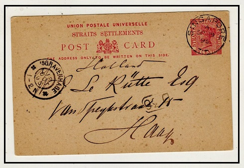SINGAPORE - 1893 3c carmine Straits Settlements PSC to Netherlands used at SINGAPORE. H&G 13.