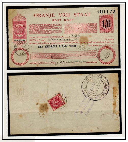 ORANGE FREE STATE - 1898 1d on 1/6d carmine POSTAL ORDER issued at BETHLEM/OVS.  H&G 2.