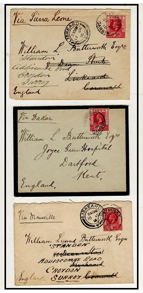 GAMBIA - 1915-16 1d rate covers (x3) via Dakar, Marseilles and Sierra Leone.