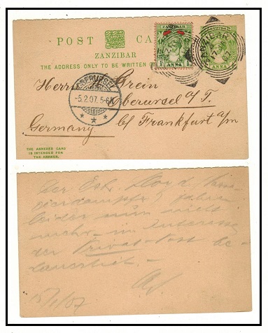 ZANZIBAR - 1899 1/2a+1/2a green use of outward section to Germany uprated at ZANZIBAR.  H&G 11.