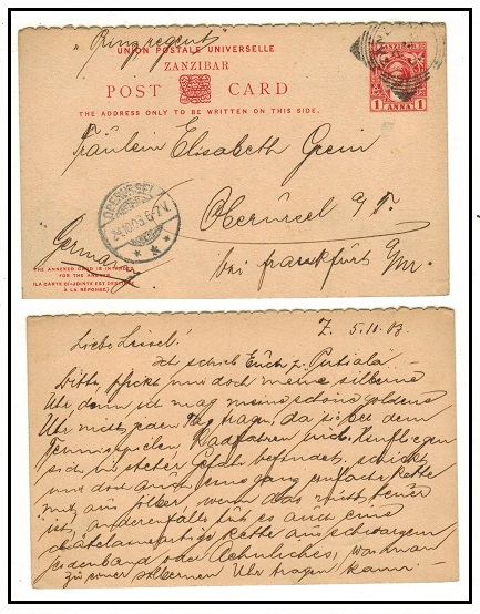 ZANZIBAR - 1899 1a+1a red outward section to Germany cancelled ZANZIBAR.  H&G 12.