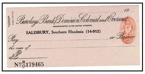 SOUTHERN RHODESIA - 1950 (circa) 1d embossed REVENUE tax strike on Barclays unused cheque.