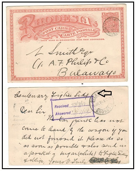 RHODESIA - 1899 1d brick red PSC used locally at FIGTREE/MATABELELAND.  H&G 11.