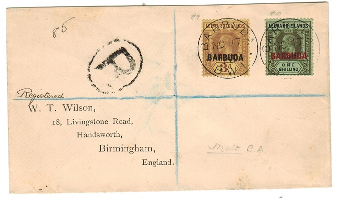 BARBUDA - 1922 registered cover to UK.