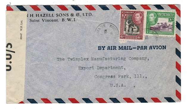ST.VINCENT - 1943 commercial censored cover to USA with U.U/5 censor label.