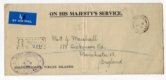 BRITISH VIRGIN ISLANDS - 1951 OHMS cover to UK with POSTMASTER cachet.