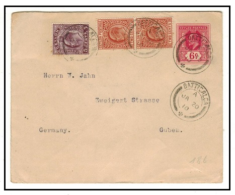 CEYLON - 1909 6c carmine rose PSE to Germany uprated at BATTICALCA.  H&G 36.